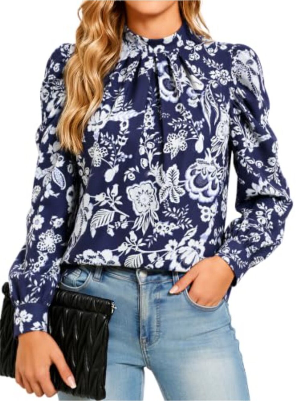 Puff Long Sleeve Mock Neck Chiffon Blouse Pleated Tunic